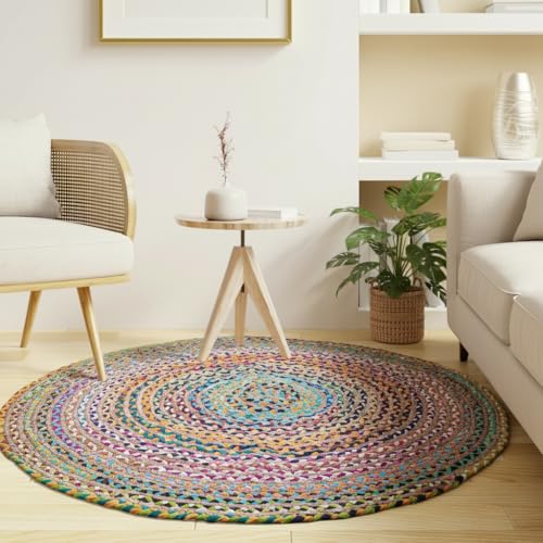 Craft Trade Round Chindi Jute Rag Rug Multicolor Reversible Jute Area Rug Braided Farmhouse Living Room, Outdoor Kitchen Bedroom Chindi Rug (6', Round) - color: Multi Round, size: 6' (Round)