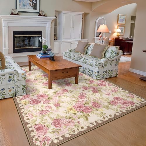Washable 5x8 Area Rug, Cream Boho Floral Non-Slip for Living Room, Bedroom | Soft Low-Pile Faux Wool Indoor Farmhouse Carpet for Nursery, Dining Room, Kid & Pet Friendly, Stain, Fade & Wear Resistant - color: Dusty Pink, Cream and Sage Green, size: 5' x 8