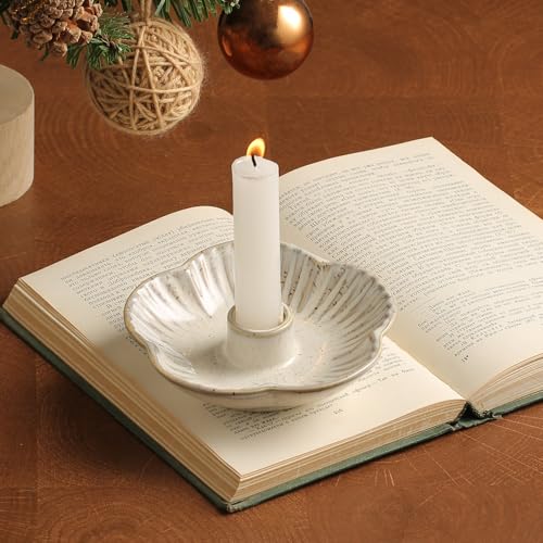Ceramic Taper Candle Holder, 4.72 in Polished Round Base Tray | Low profile shape fits mantels, shelves, bars and dining tables without overwhelming small spaces. - color: Gray