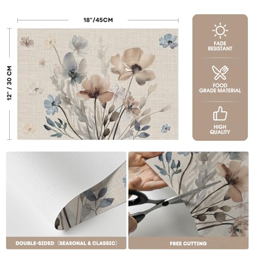 Artoid Mode Brown Poppy Floral Vinyl Plastic Placemats Set of 4, Washable Non-Slip PVC Table Mats for Party Kitchen Dining Decor, 12x18 Inch - size: 12" x 18", Rectangular Set of 4