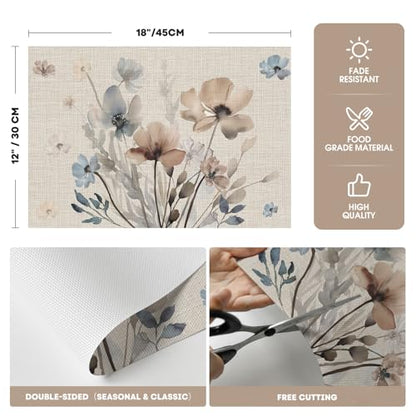 Artoid Mode Brown Poppy Floral Vinyl Plastic Placemats Set of 4, Washable Non-Slip PVC Table Mats for Party Kitchen Dining Decor, 12x18 Inch - size: 12" x 18", Rectangular Set of 4