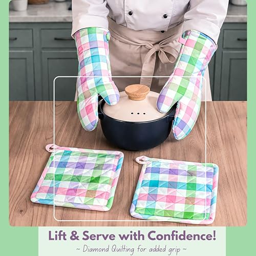 Native Fab 4 Piece Set - Gingham Check 2 Oven Mitts & 2 Potholders, Heat Resistant, 100% Cotton, Quilted Design, Non-Slip Grip, Ideal for Baking, Cooking, BBQ, Kitchen Protection, Multicolor - color: Gingham Pastels