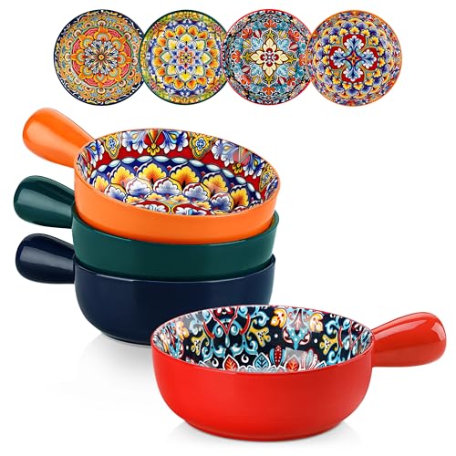 vancasso Boho 23 Oz French Onion Soup Bowls with Handles, Ceramic, Set of 4 | Bohemian ceramic soup crocks with handles,Microwave & dishwasher safe,6.2 inch, 23 oz, For cereal, pasta, stew & chili