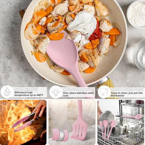 Umite Chef 22-Piece Silicone Cooking Utensils Set, Heat Resistant & Dishwasher Safe Kitchen Tools, Non-Scratch Spatula Set for Nonstick Cookware (Pink) - color: Pink