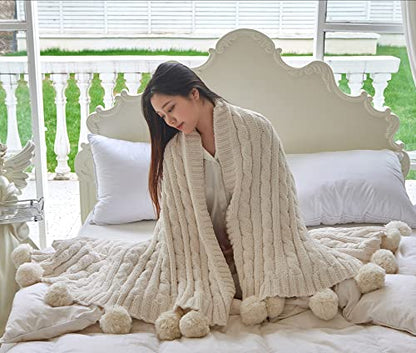 Chenille Chunky Knitted Throw Blanket with 14pcs Pom Poms Tassel Super Soft Cozy Warm Blanket for Sofa Bed Soft Couch 50 x60 inches (White)?-¡­ - color: Pom-pom-white, size: Throw 50"X60"