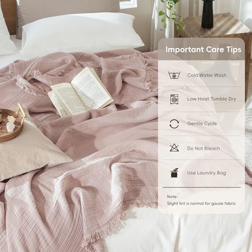 MooMee 100% Cotton Muslin Blanket, Fringed 4-Layer Gauze Bed Throw Blankets | Soft Breathable Lightweight Thin Coverlet Summer Blankets for Adults, Bed & Couch All Seasons, Greyish Pink, 98" x 98" - color: Greyish Pink, size: Oversize Queen