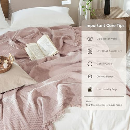 MooMee 100% Cotton Muslin Blanket, Fringed 4-Layer Gauze Bed Couch Throw | Soft Breathable Lightweight Thin Coverlet Summer Blankets for Adults, Bed & Couch All Seasons, Greyish Pink, 50" x 70" - color: Greyish Pink, size: Throw XL