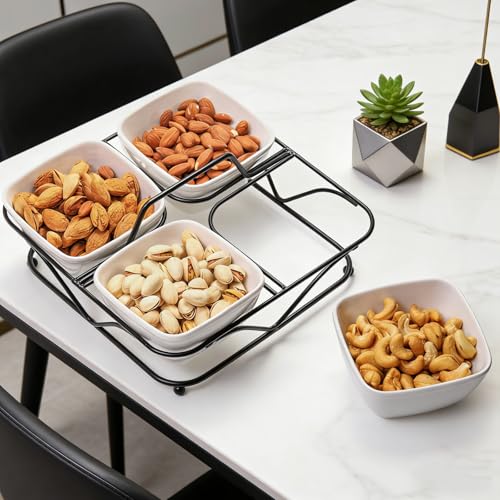 Pumtus Ceramic Divided Serving Dishes, 4 Removable Snack Bowls with Metal Stand, 9 Inch Appetizer Platter with Handle, Dip Bowls for Party, Condiment Serving Relish Tray for Chips & Dips, Nut, Candy