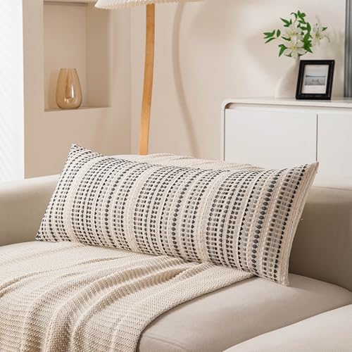 Boho Long Lumbar Body Decorative Throw Pillow Covers 14x36 Inch Pack of 1 Grey Woven Striped Pillow Covers Cotton Accent Pillowcase Farmhouse Cushion Covers for Home Decor Bed Couch Sofa Bench - color: Grey, size: 36" x 14" (Pack of 1)