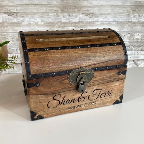 Personalized Treasure Chest with Card Slot, Antique Lock & Skeleton Keys (Medium 11x8x8) – Pirate Decor, Wooden Keepsake Box, Decorative Wooden Box for Weddings & Anniversaries - size: Medium 11x8x8
