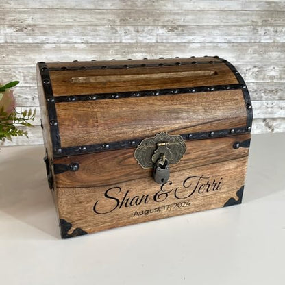 Personalized Treasure Chest with Card Slot, Antique Lock & Skeleton Keys (Medium 11x8x8) – Pirate Decor, Wooden Keepsake Box, Decorative Wooden Box for Weddings & Anniversaries - size: Medium 11x8x8