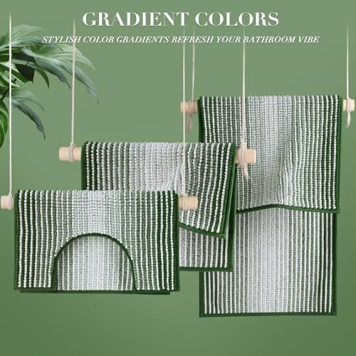 Bathroom Rugs Sets 3 Piece, Toilet Rugs U-Shaped Contour Bath Mat Set, Striped Absorbent Non Slip Chenille Shower Mat, Hunter Green - color: Hunter Green, size: 20"x32"+16"x24"+U Shape 20"x24"