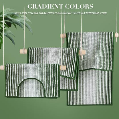 Bathroom Rugs Sets 3 Piece, Toilet Rugs U-Shaped Contour Bath Mat Set, Long Striped Absorbent Non Slip Chenille Shower Mat, Hunter Green - color: Hunter Green, size: 20"x47"+16"x24"+ U Shape 20"x24"