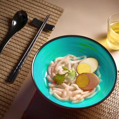 Unbreakable Ramen Bowl Set with Chopsticks and Spoon: 2 large Japanese Style Melamine Ramen Bowls, Dipping Bowls and Chopstick Stands for Asian Pho Soup Thai Miso Udon Wonton (2 Bowl Set, Teal-Black) - color: Teal & Black, size: 2 Bowl Set