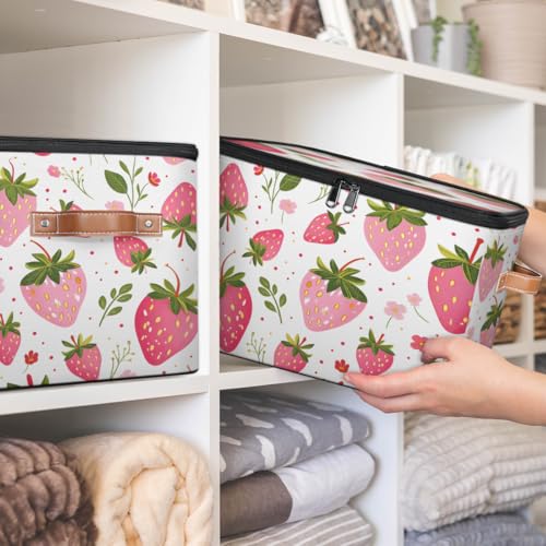 Storage Bin with Lid, Strawberry Stackable Closet Storage Bins, Decorative Bedroom Organizer Box, Lidded Baskets Living Room Storages Boxes Cube Organizer, Cute Container with Handles
