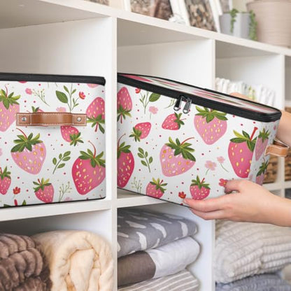 Storage Bin with Lid, Strawberry Stackable Closet Storage Bins, Decorative Bedroom Organizer Box, Lidded Baskets Living Room Storages Boxes Cube Organizer, Cute Container with Handles