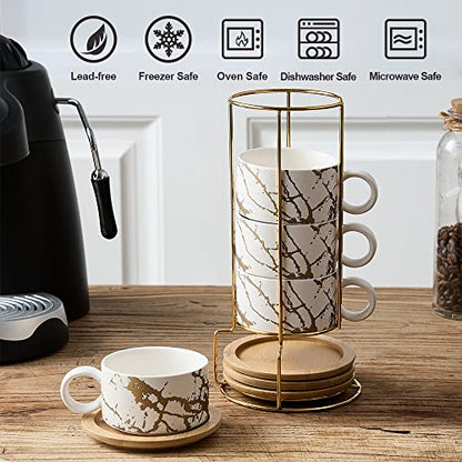 LUKA Porcelain Espresso Cup with Metal Stand, 6 Ounce Stackable Ceramic Demitasse Espresso Mugs Cappuccino Cups Set for Latte,Coffee,Cafe Mocha,Tea(Set of 4,White) - color: White