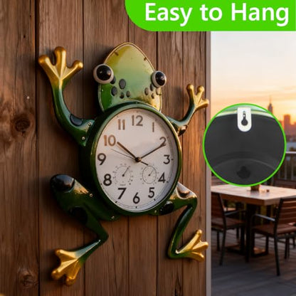 Large Outdoor Clock with Thermometer & Humidity | Silent Non-Ticking, Frog Outdoor Wall Clock, Outside Clock for Patio, Living Room, Kitchen - style: Large-Green Frog