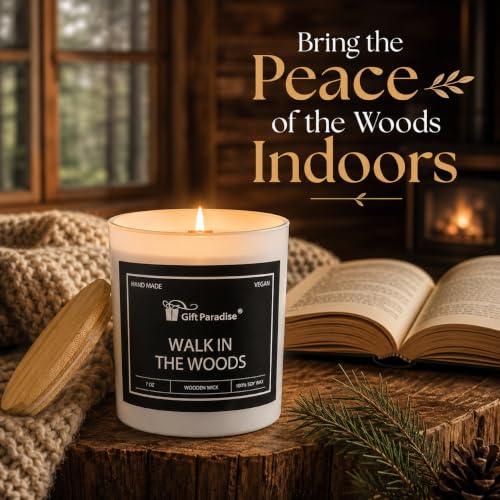 Gift Paradise® Walk in the Woods Soy Candle, 7 oz, Magnetic Gift Box | 7 oz soy candle with a wooden wick, bamboo lid and crisp eucalyptus, pine, smoky wood and tonka bean fragrance