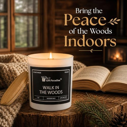 Gift Paradise® Walk in the Woods Soy Candle, 7 oz, Magnetic Gift Box | 7 oz soy candle with a wooden wick, bamboo lid and crisp eucalyptus, pine, smoky wood and tonka bean fragrance