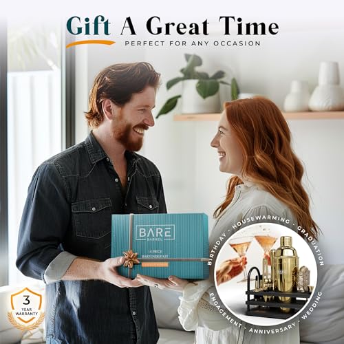 BARE BARREL® Mixology Bartender Kit Bar Set | 14-Piece Cocktail Shaker Set | Martini Barware Mixing Tools for Home Bartending | 35 Recipe Cards | Gift Set (24oz Cobbler Shaker, Gold/Black) - color: Gold/Black