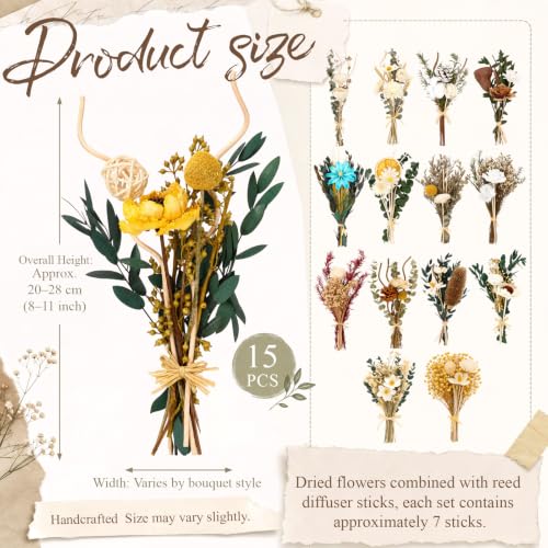 Sawysine 15 Sets Reed Diffuser Sticks Flowers, Natural Rattan Flower Reed Fragrance Diffuser Set Replacement Fragrance Diffuserrattan Sticks for Home Bathroom Bedroom Office Decor (Dried Flowers)