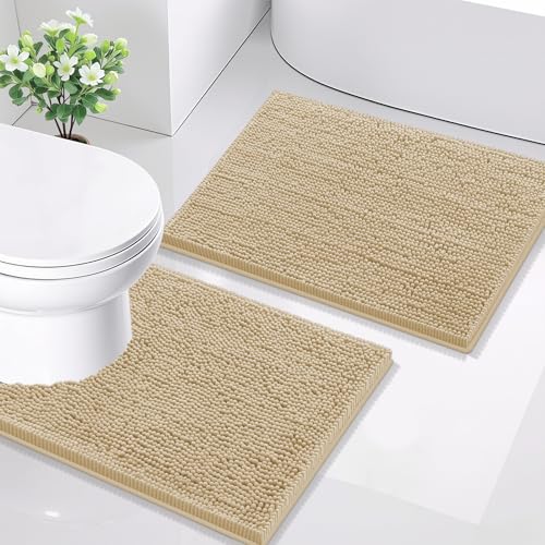 Smiry Chenille Bathroom Rugs Sets 2 Piece (24x16+ U Shape 24x20, Beige) | Soft Absorbent Machine Washable Non Slip Shaggy Bath Rug Set for Tub, Shower, and Floor, Home Decor - color: Beige, size: 24"X16"+ U Shape 24"X20"