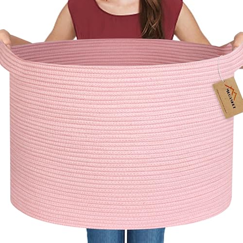 Extra Large Pink Basket, 22"x22"x14" Woven Cotton Rope Bin with Handles, Blanket Storage for Living Room, Baby Kids Toy Storage Bin Box, Wicker Laundry Basket, Pink Room Decor Organizing - color: Pink, size: 22"x22"x14"