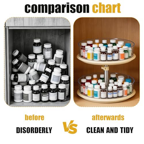 2 Tier Lazy Susan Turntable Organizer for Medicine Cabinet, 11 Inch White Rotating Spice Rack for Countertop, Pantry, Bathroom, Clear Large Storage for Bottles and Jars