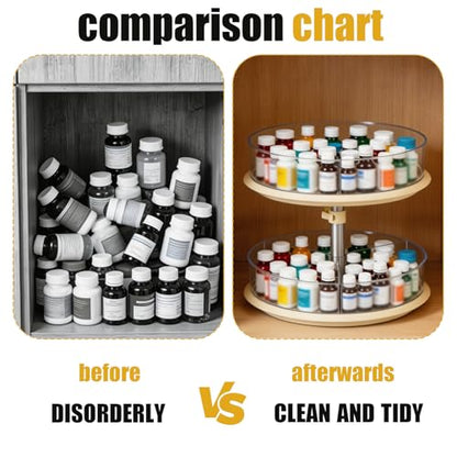 2 Tier Lazy Susan Turntable Organizer for Medicine Cabinet, 11 Inch White Rotating Spice Rack for Countertop, Pantry, Bathroom, Clear Large Storage for Bottles and Jars