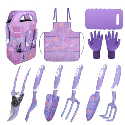 Purple Garden Tools Set 10 Pieces, Gardening Gifts for Women | Aluminum Alloy Steel Hand Tool Kit w/Non-Slip Ergonomic Handle, Floral Print Garden Supplies Organizer Handbag, Gardening Set - color: purple