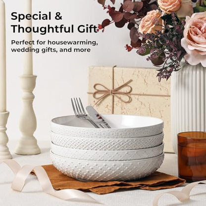 Y YHY 8.5" Pasta Bowls Set of 4, 30 oz Embossed Salad Bowls for Serving Soup, Noodle, Fruit, Dinner, Kitchen Deep Plates, Ceramic Dinnerware Sets, Soft White Dishes for Thanksgiving Day Gifts - size: 8.5 IN