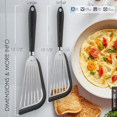 Stainless-Steel Slotted Flex Fish Turner, Set of 2, Kitchen Spatulas for Nonstick Cookware, Cooking Utensils for Flipping Eggs & Pancakes, Heat-Resistant, BPA Free, Dishwasher Safe, Black