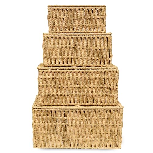 RoyalHouse Woven Stackable Storage Baskets with Lid, Decorative Rope Organizer Bin - Set of 4 (4 Sizes), Beige (No Liner)
