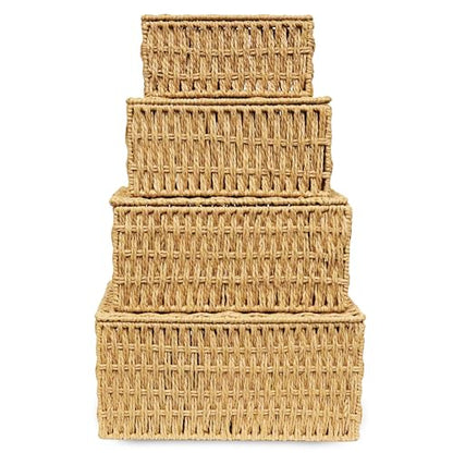 RoyalHouse Woven Stackable Storage Baskets with Lid, Decorative Rope Organizer Bin - Set of 4 (4 Sizes), Beige (No Liner)