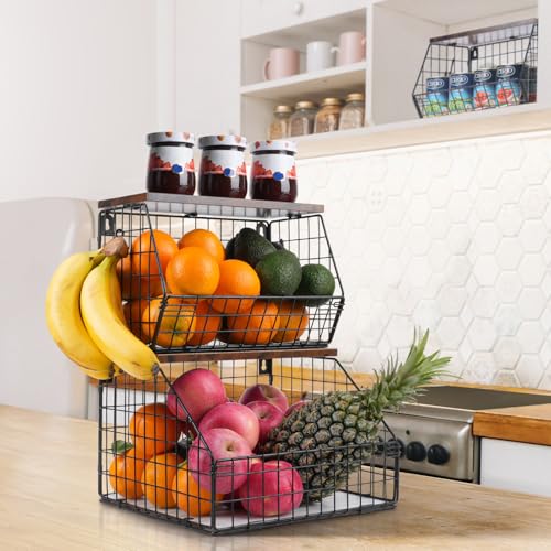 Mefirt Fruit Basket, Stackable Wall Mounted Fruit Baskets, Potato Baskets Onion Storage for Kitchen, Hanging Wire Basket with Wood Lid, 2-Tier Vegetable Organizer Kitchen Countertop Organization | Hanging Potato Basket Wire Basket with Wood Lid, 2-Tier Ve