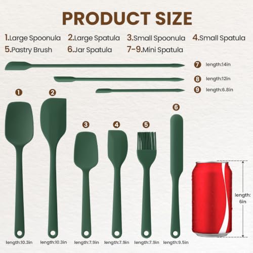 Silicone Spatula Set,9-Piece BPA Free Food Grade Heat Resistant Spatulas for Cooking Baking,Seamless One Piece Design,Non-Stick Safe,Dishwasher Safe,Withstands -104°F to 600°F（Green） - color: Green