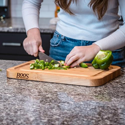 John Boos Prestige Series Rectangular Wooden Maple Cutting Board 22”x16” – 1.25” Thick, 13-lb Reversible Butcher Block with Juice Groove, Edge-Grain & Finger Grip Hole – Made in the USA - size: 22"L x 16"W