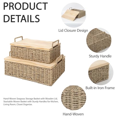 Woven Seagrass Wicker Storage Basket Set of 2 with Wooden Lids | Stackable Basket with Handles, Rectangular Decorative Basket for Shelves Home, Closet & Desktop Organization