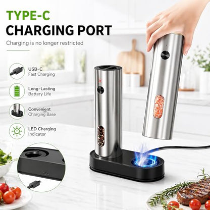 Electric Salt and Pepper Grinder Set with Rechargeable Base, Stainless Steel Automatic Pepper Mill, Large Capacity with LED Light & Adjustable Coarseness, Ideal for Kitchen, Outdoor & BBQ Gifts