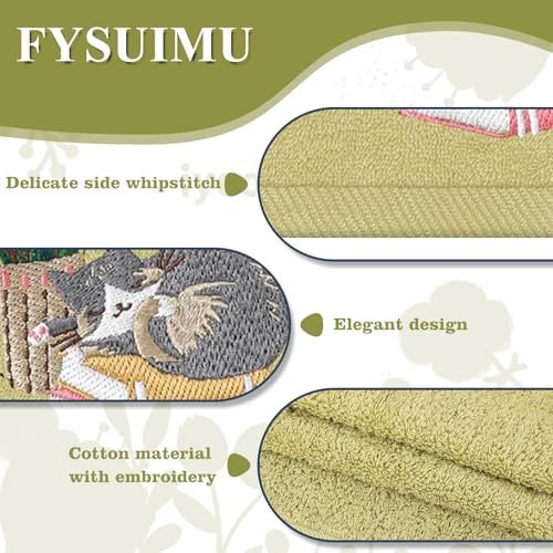 FYSUIMU 3 Pack Cat Hand Towels Green Plant Kitten Embroidered Absorbent Bath Hand Face Towel for Bathroom Hand Drying Kitchen Cleaning Towel Gift Set, 29.5 x 13.7 Inch