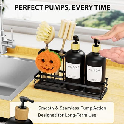 Moforoco Kitchen Dish Soap Dispenser Set, 16OZ Glass Bottle, Hand and Dish Soap Dispenser Set, Instant Dry Tray, Brush Holder with Smiley Face Sponge Holder (Black Tray+Black Bottle+Labels) - color: Black Tray+black Bottle+labels