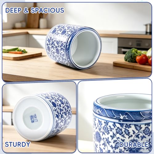 Large Blue and White Ceramic Utensil Holder Crock Chinoiserie Floral Design | Kitchen Countertop Organizer for Cooking Utensils Spatula Spoon Fork Home Decor Party