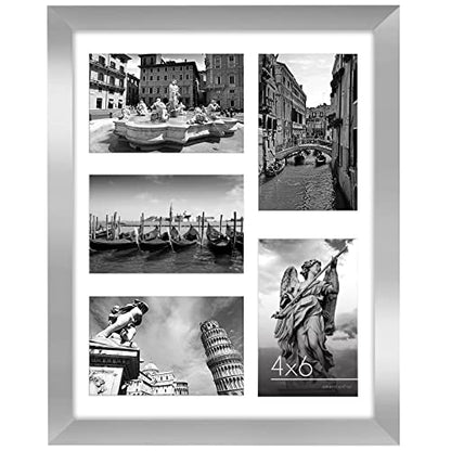 Americanflat 4x6 Collage Picture Frame with Shatter-Resistant Glass - Fits Five 4x6 Photos or Use as One 11x14 Picture Frame - Signature Collection - Collage Frames for Wall Display - Silver | Overall frame size 11x14, Shatter-resistant glass, hangs verti