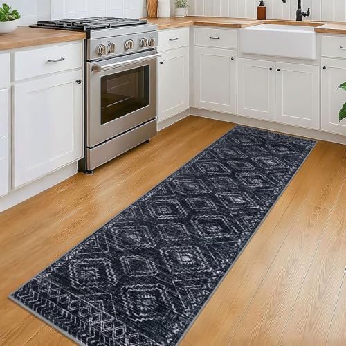 KILOCOCO Washable Runner Rug 2x6 ft Hallway Runners, Blue-Black | Non Slip Runner Rug, Printed Kitchen Runner Rug, Low-Pile Entryway Runners, Soft Geometric Rugs for Bedroom Hall Living Room - color: Black/Navy/White, size: 2' x 6' (Runner)