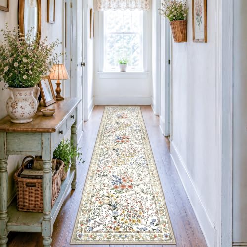 Washable Hallway Runner Rug 2x8: Vintage Floral Rug for High Traffic Hallways - Machine Washable Non Slip Low Pile Carpet - Soft Foldable Runner for Family Entryways - 2'x8' Beige - color: Beige, size: 2x8