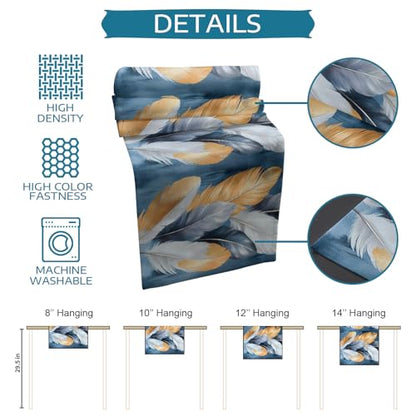 Table Runner and Placemats Set of 6 Gold White Feathers Decorative Dining Table Runner with Matching Placemats Blue Painting Table Decor for Kitchen Dining Room and Everyday Use 13x70in - size: 13"x70"+6pcs