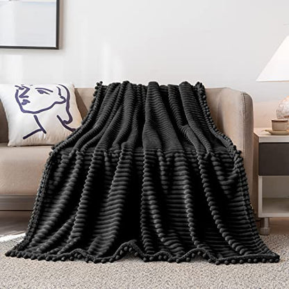 DISSA Fleece Blanket Throw Size – 51x63, Black – Soft, Plush, Fluffy, Fuzzy, Warm, Cozy – Perfect Throw for Couch, Bed, Sofa - with Pompom Fringe - Flannel Blanket Throw Blanket - color: Black, size: 51x63"