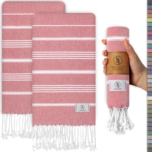 Ossano Decorative Turkish Hand Towels - Thin & Cute - Set of 2 (30" x 18") - for Kitchen & Powder Room - Multifunctional as - Western Hand Towels, Bathroom Hand Towel, Kitchen Dish Cloths - Coral - color: Coral
