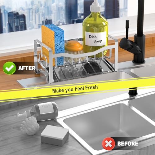 Stainless Steel Kitchen Sink Caddy Organizer with Auto Drain Tray, Sponge Holder for Countertop Storage Silver - color: Silver
